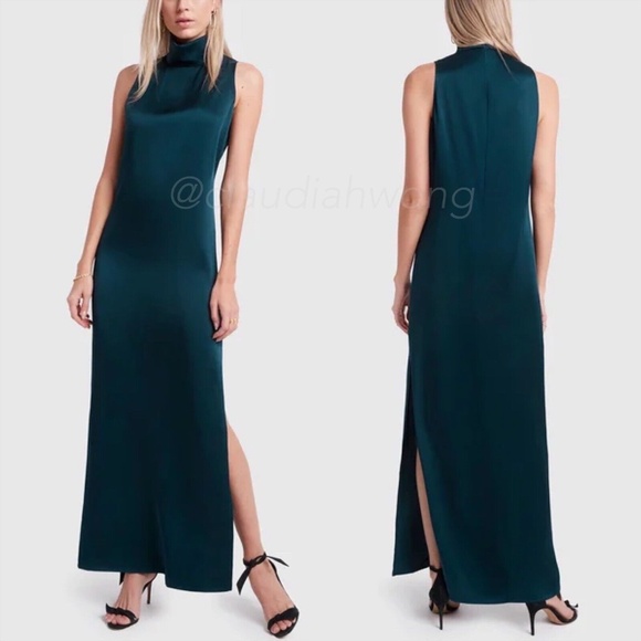 GWYN Nneoma Turtleneck Satin Maxi Dress in Marine Green - Picture 2 of 11